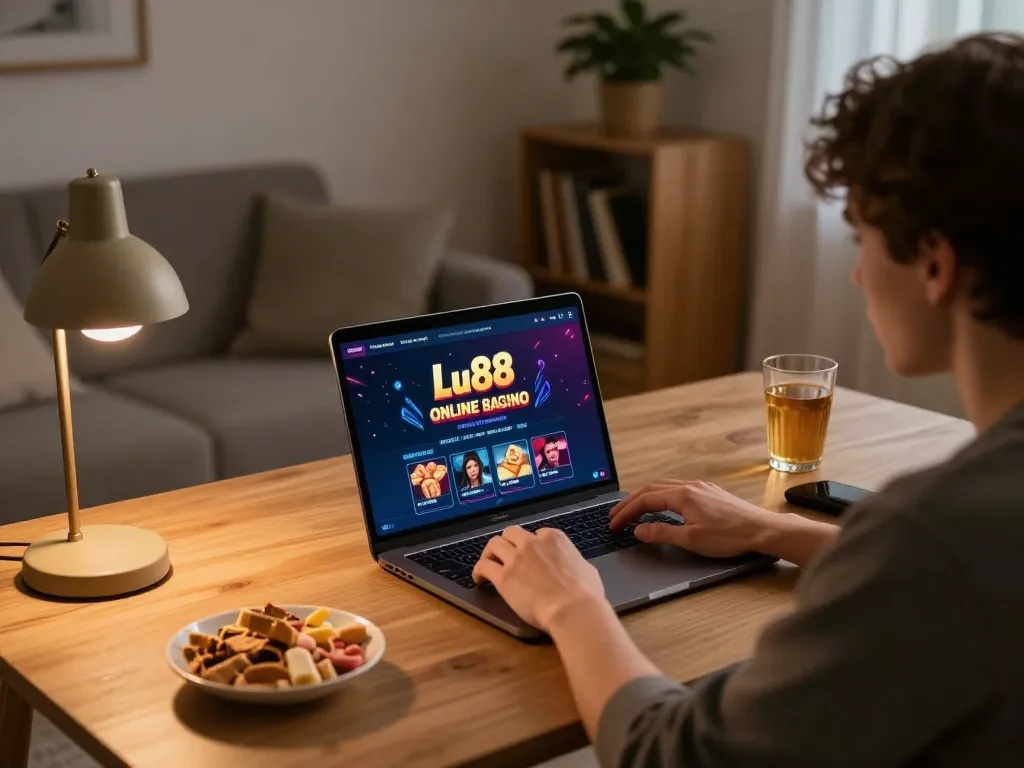 Player engaging with the Trang chủ Lu88 online casino on a cozy gaming setup.