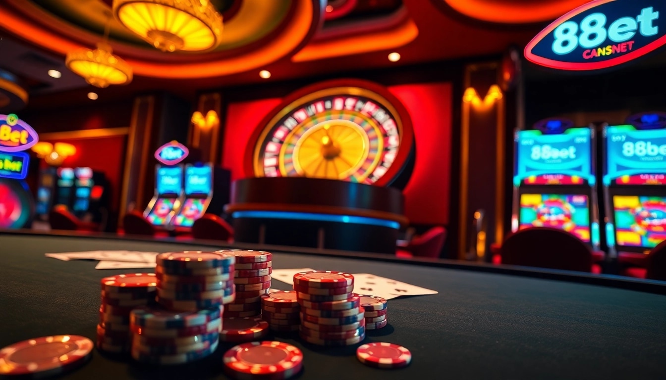 Players enjoy high-stakes action at 88bet's luxurious poker table and roulette wheel.