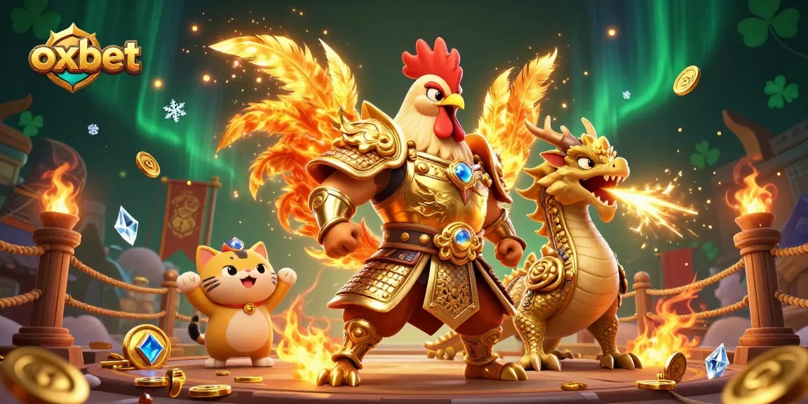 Experience thrilling bets at oxbet with a cartoon rooster warrior and dragon in a vibrant casino scene.