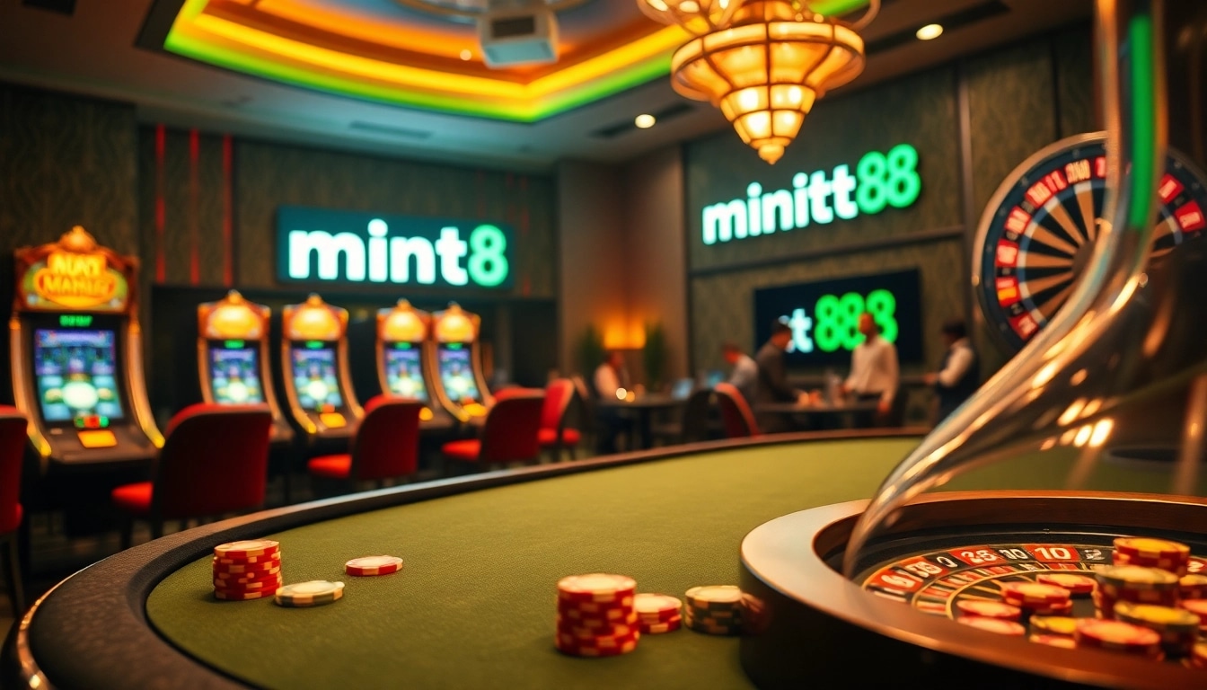 Engaging casino scene with mint88 branding, poker chips, and lively players at the table.