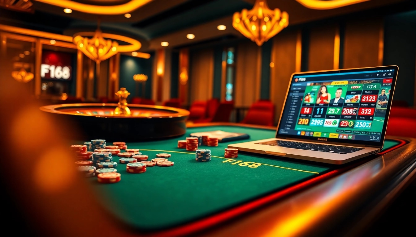 Experience F168 online casino excitement with vibrant poker chips and a spinning roulette wheel.