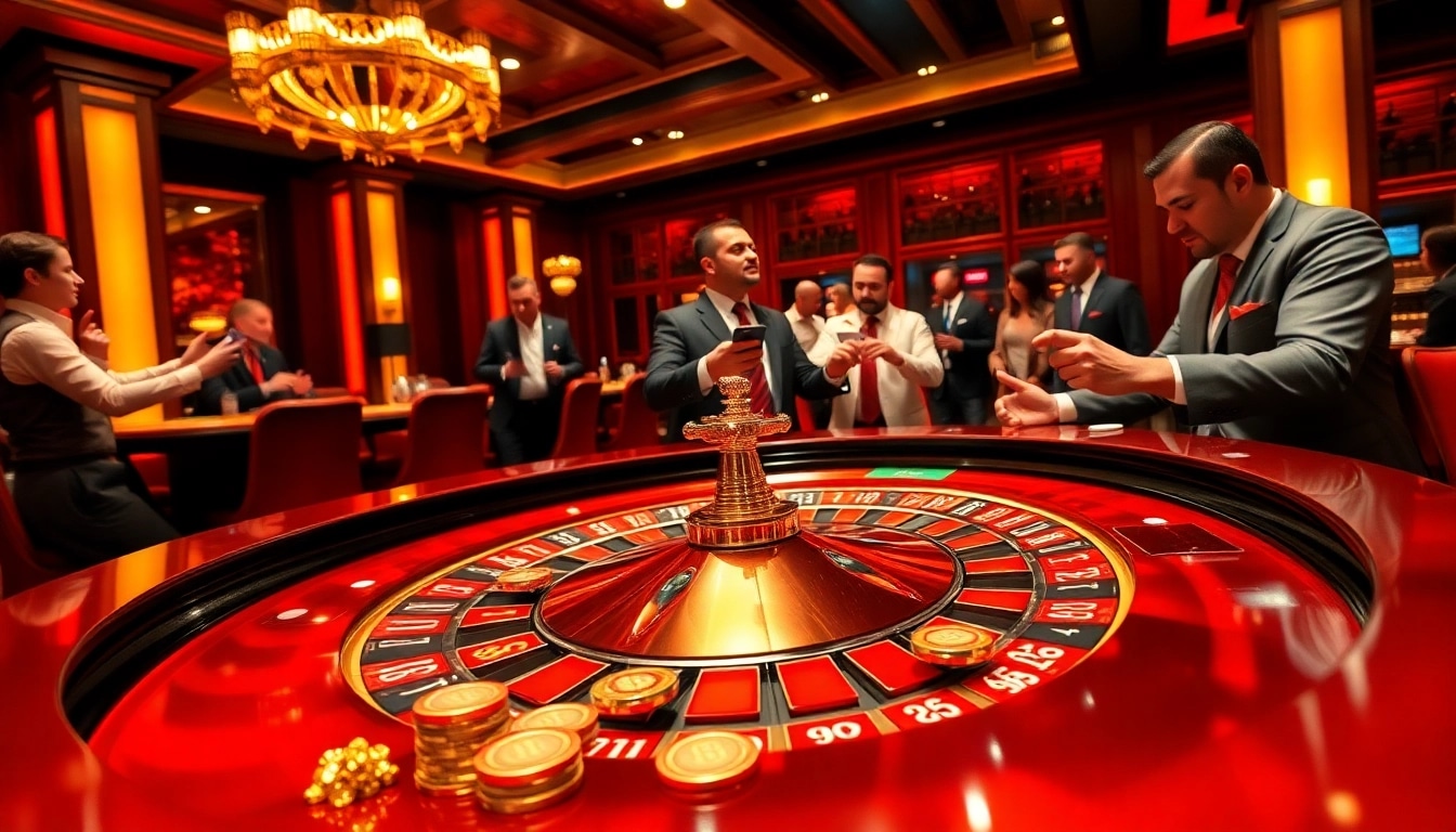 Players enjoying an exciting game at RED88 casino, featuring roulette and vibrant decor.