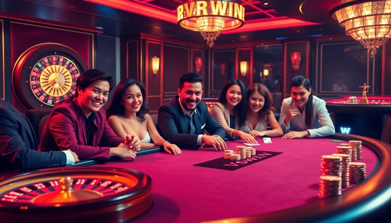 Players enjoying an exciting game at the VSWIN branded poker table in a vibrant casino atmosphere.