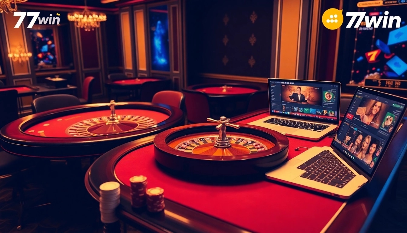 A vibrant casino scene with poker chips and roulette wheel highlighting 79win's premium online gaming.