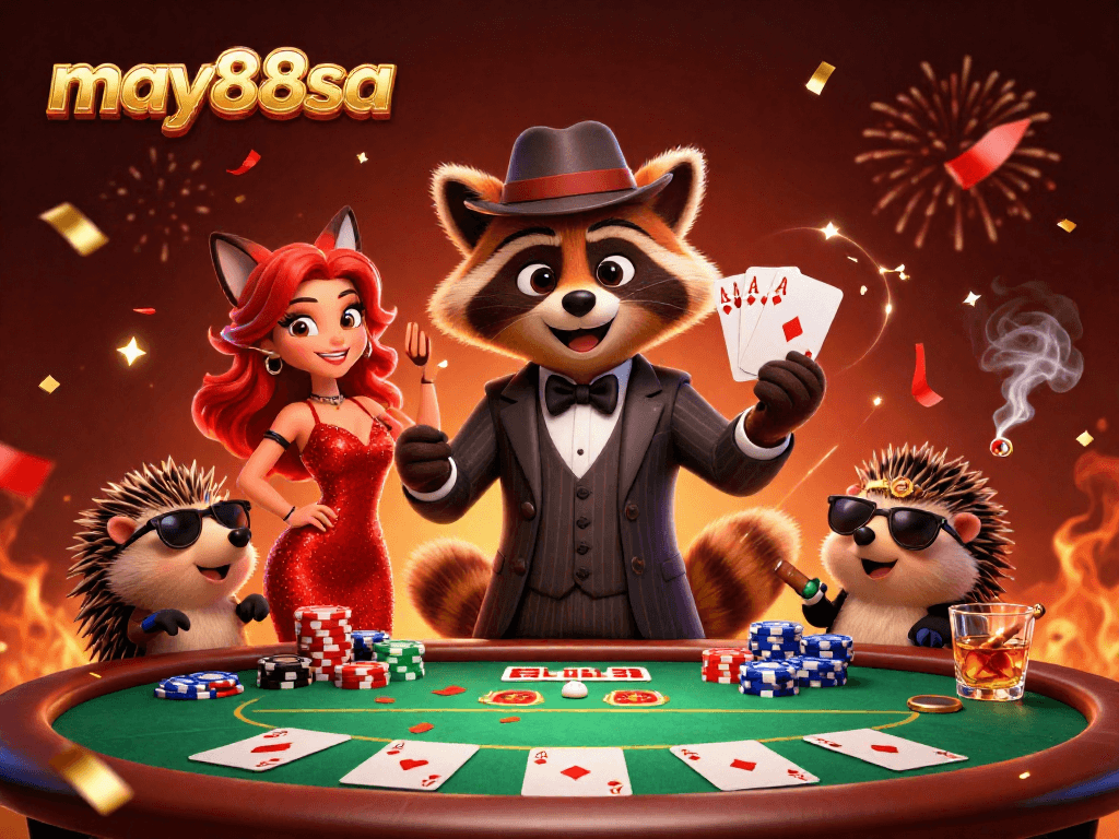 Play a thrilling poker hand at may88sa with a charming raccoon, elegant fox lady, and a vigilant hedgehog bouncer.