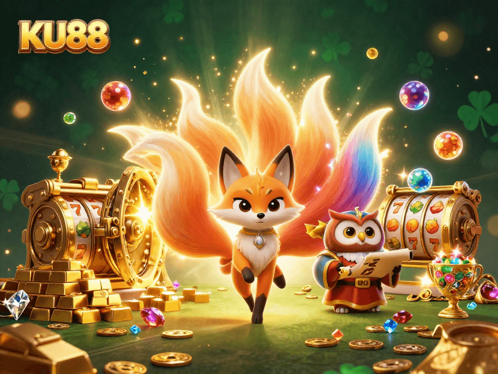 Experience the enchantment of KU88 with a vibrant illustration of a nine-tailed fox spirit and a wise owl.
