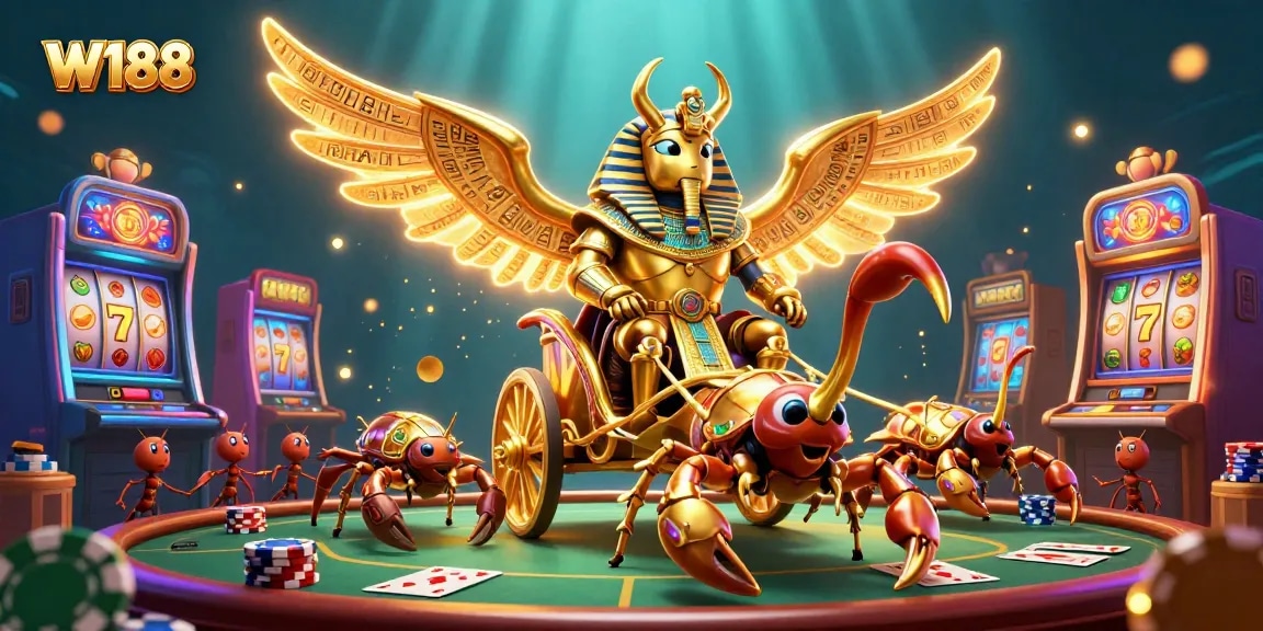 Experience casino excitement with the W188 golden pharaoh beetle and vibrant slot machines.