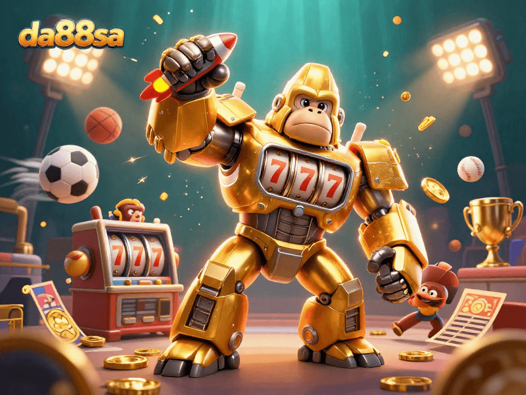 Engage with da88sa, showcasing a golden gorilla mech surrounded by dynamic sports elements in a vivid 3D scene.