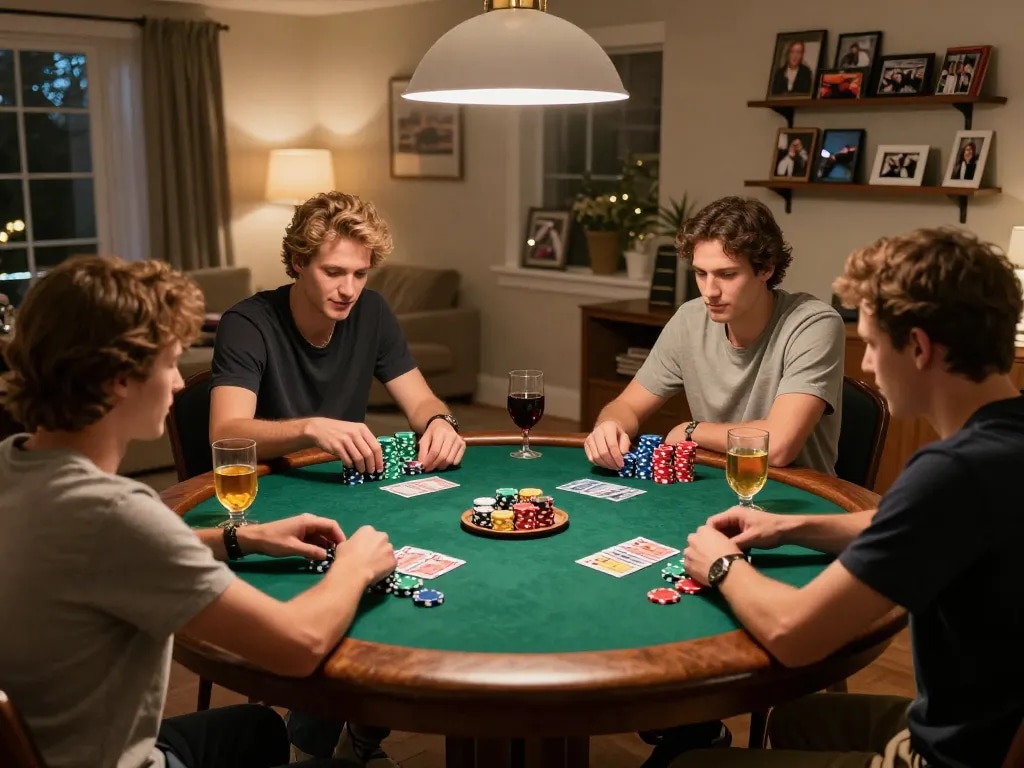 Friends engage in strategy-filled poker game at home, highlighting NK88 gaming elements within a social atmosphere.