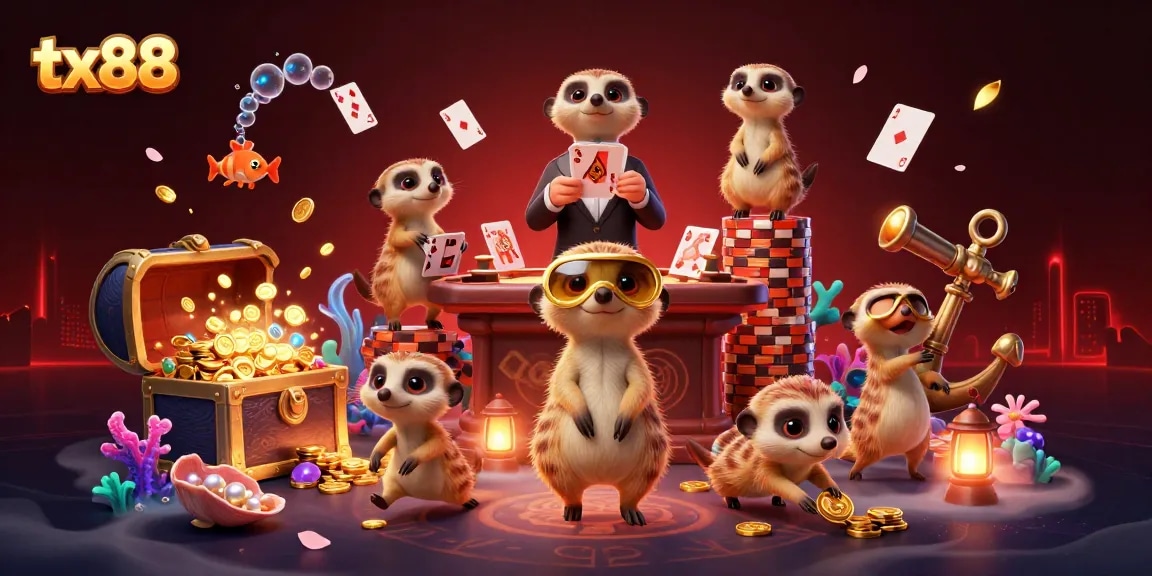 tx88 welcomes you to a lively meerkat casino where vibrant games unfold amidst gold and gems.