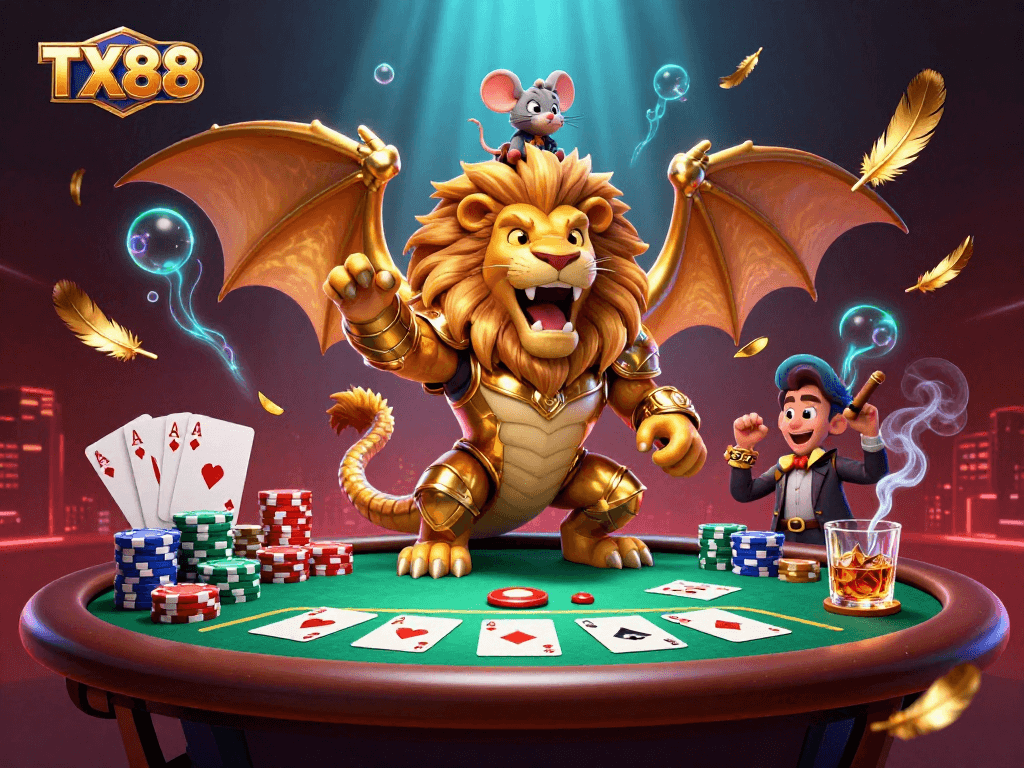Experience the thrill of TX88 with a vibrant casino scene filled with poker action and fantastical elements.
