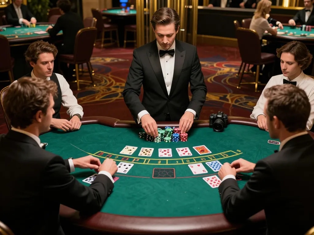 VIP66 blackjack players engaging in strategic betting at an upscale casino table, showcasing excitement and elegance.