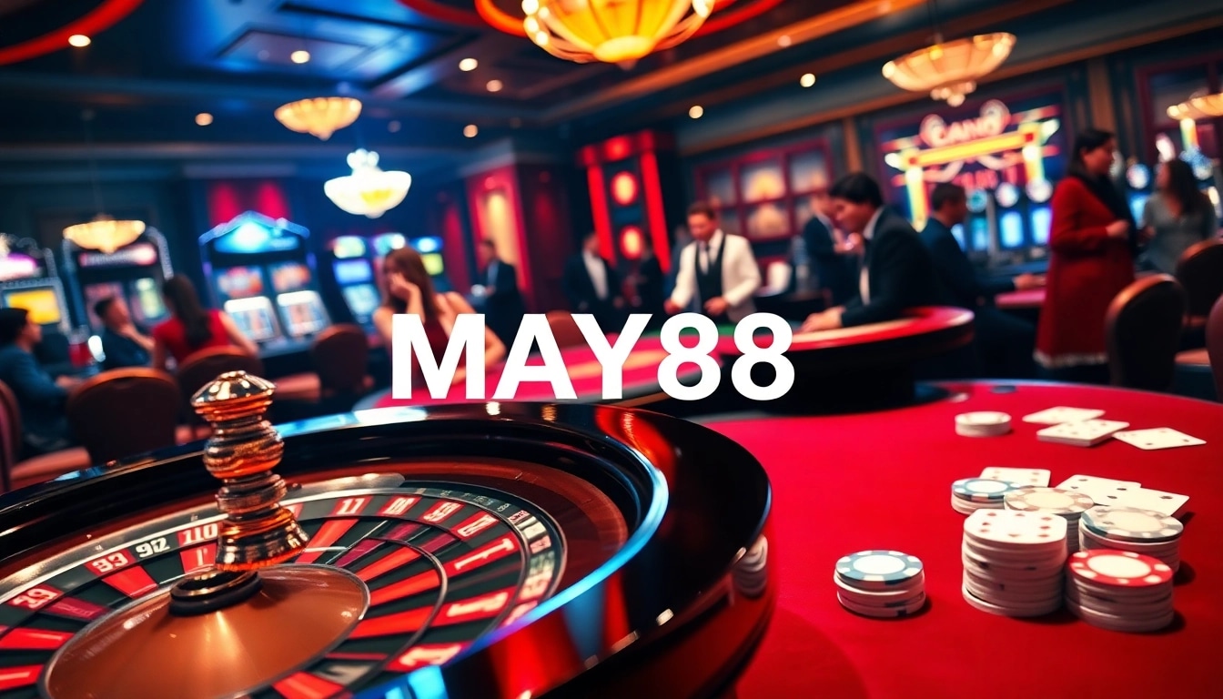 A vibrant casino scene showcasing luxury gambling with MAY88's live dealer experience.