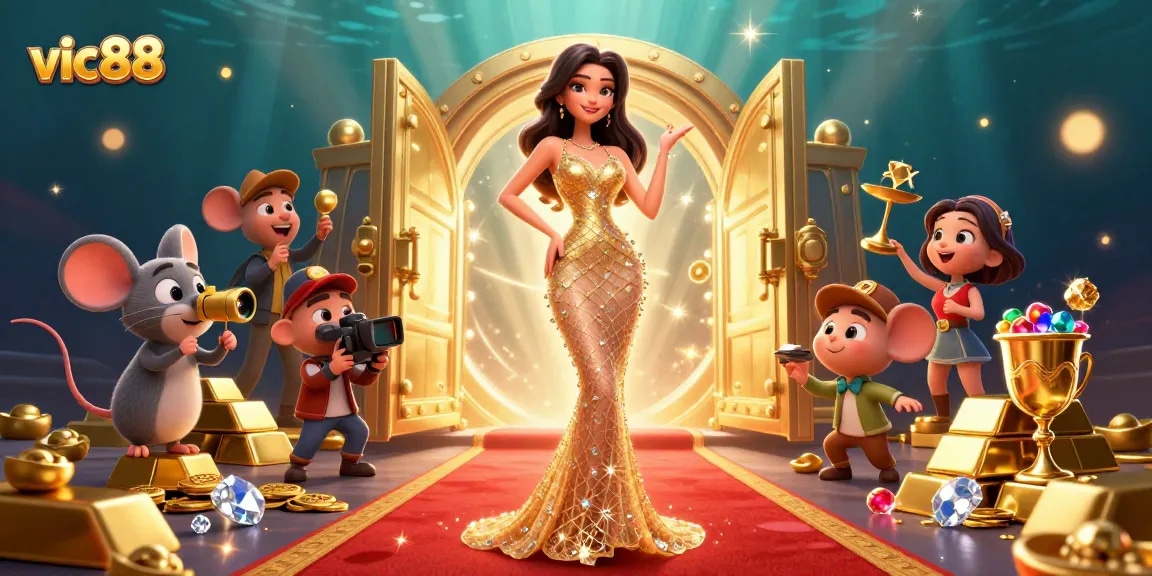 Experience vic88's vibrant casino world with golden treasures and exciting game elements.