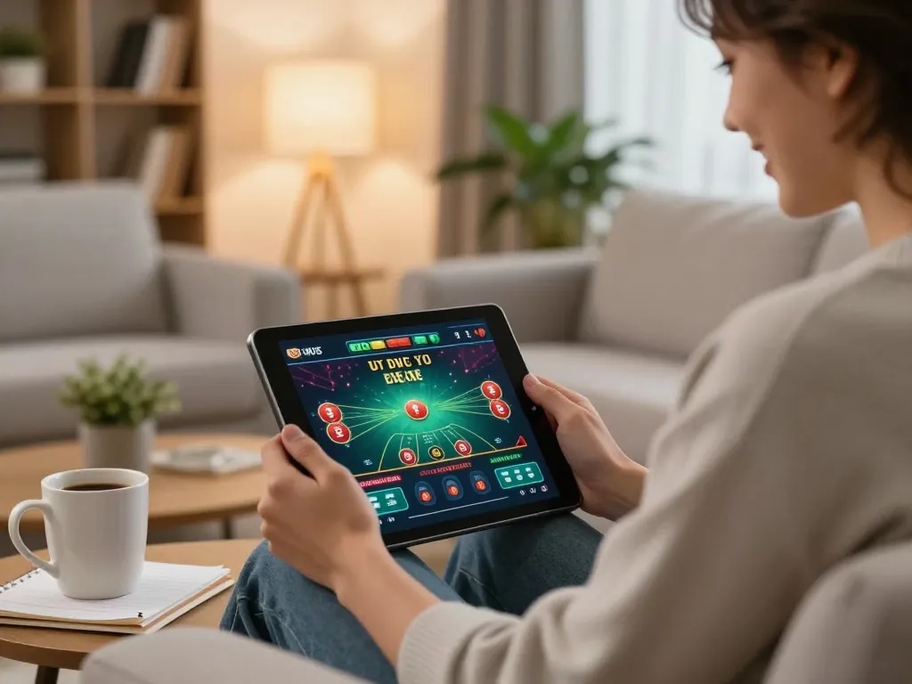 Engaging in rr88 gratis on a tablet in a cozy home gaming setup, showcasing online casino excitement.