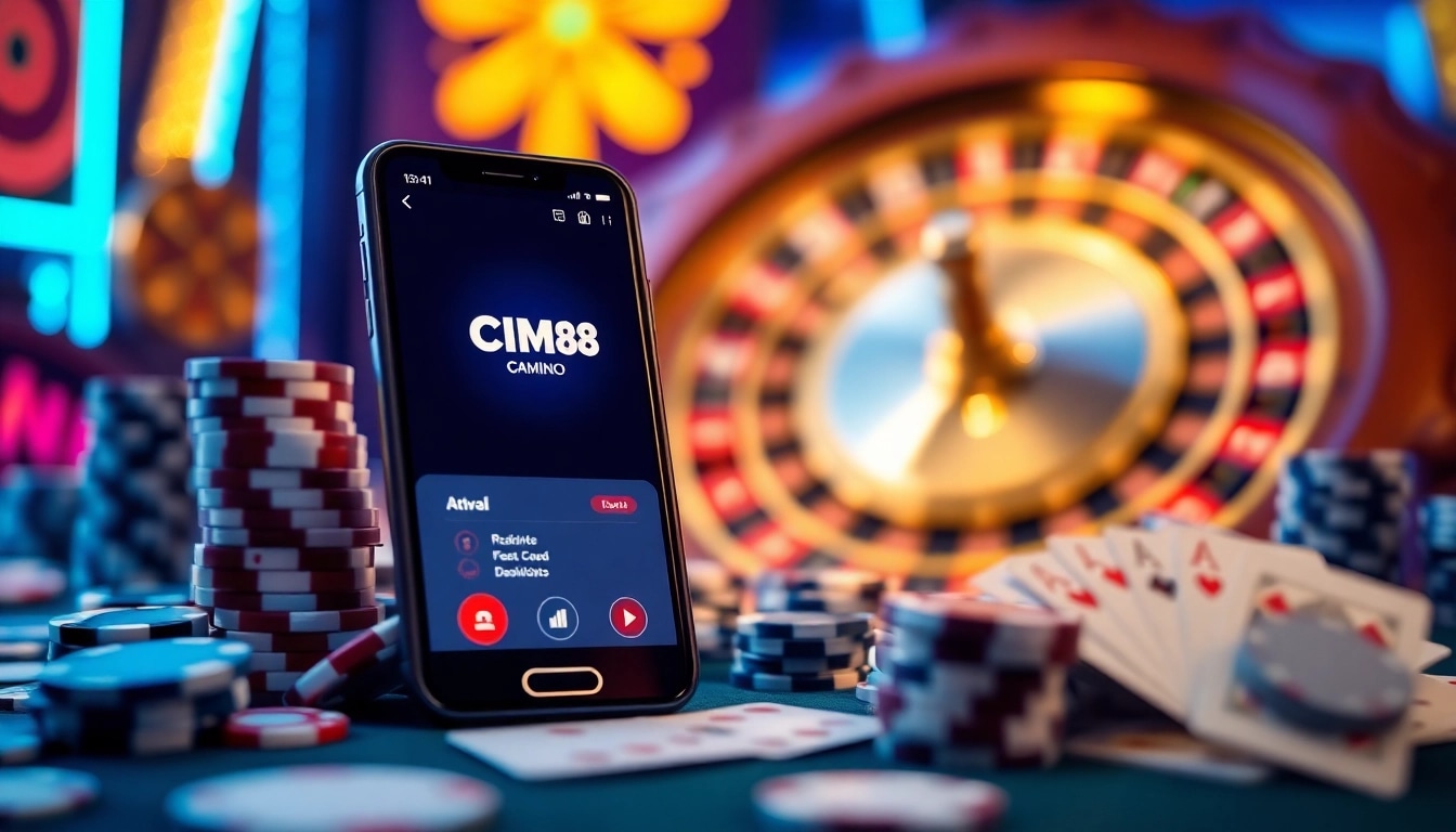 Capture the thrill of cm88 tải app with vibrant casino elements, showcasing a smartphone and poker chips.