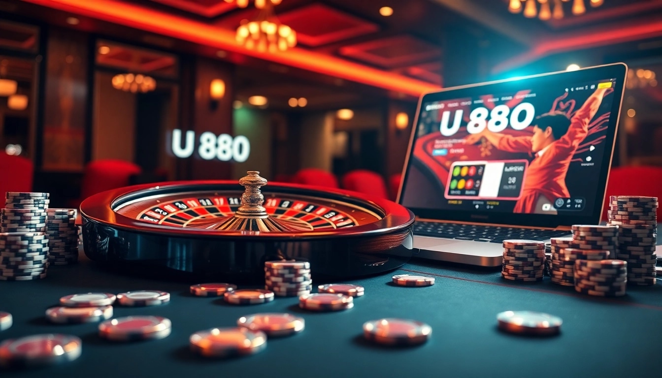A dynamic casino scene showcasing U 888 with sparkling chips and a glowing roulette wheel, emphasizing excitement in online gambling.