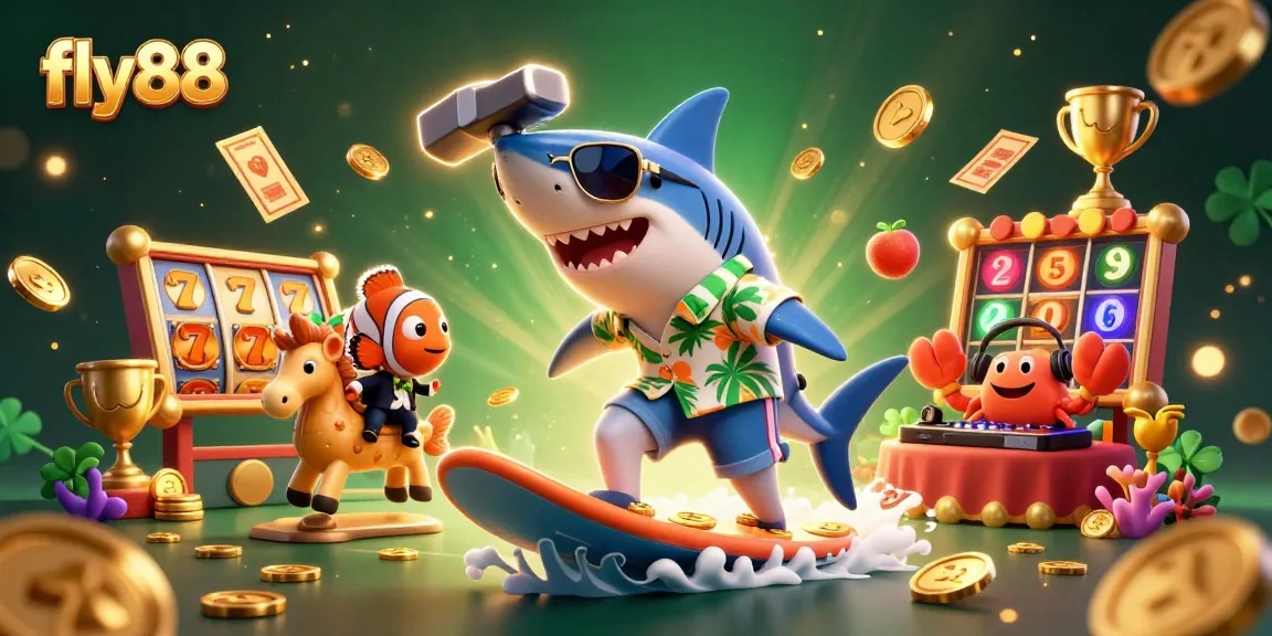 Experience the excitement of fly88 with a vibrant casino-themed illustration featuring a shark surfing gold coins.