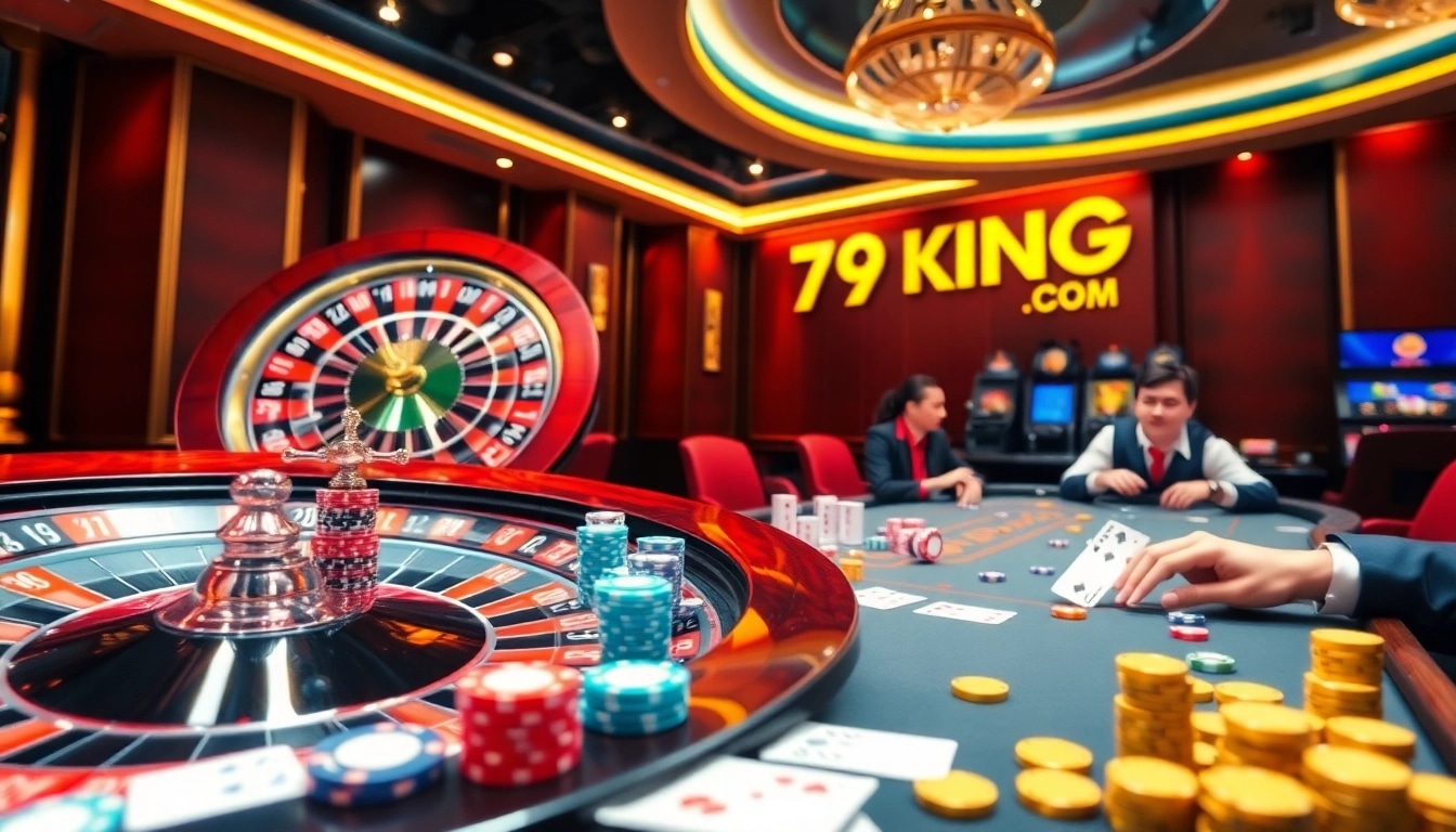 Exciting gaming at 79KING COM's modern casino with roulette wheel and poker action.