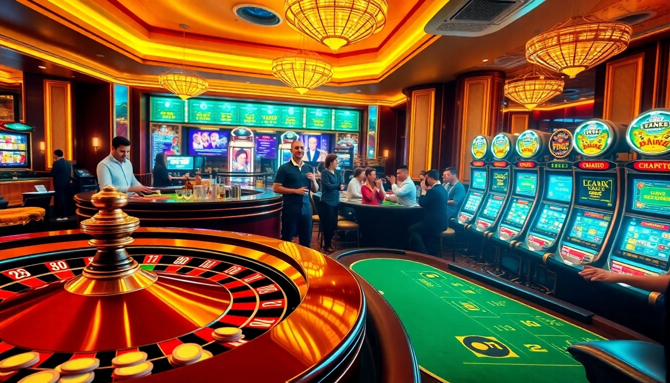 Engaging casino atmosphere at https://fabet3.com/ with roulette, poker, and slot machines.