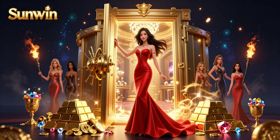 Win big with Sunwin at a luxurious casino featuring sparkling gems and golden treasures.