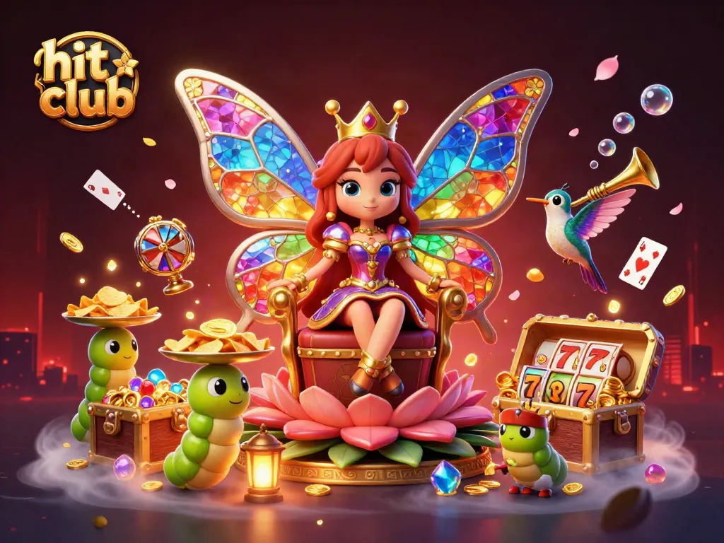 Experience the vibrant hit club environment with a casino queen surrounded by treasures and games.