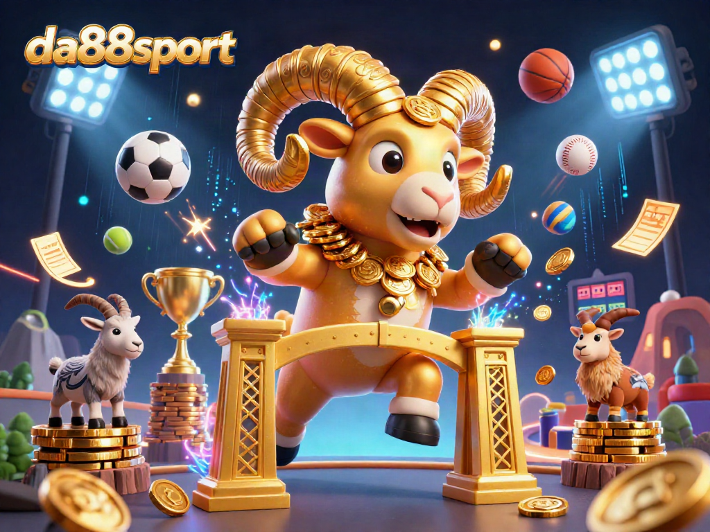 Engage in thrilling gameplay at da88sport with a dynamic golden ram charging through a scene filled with sports elements and excitement.