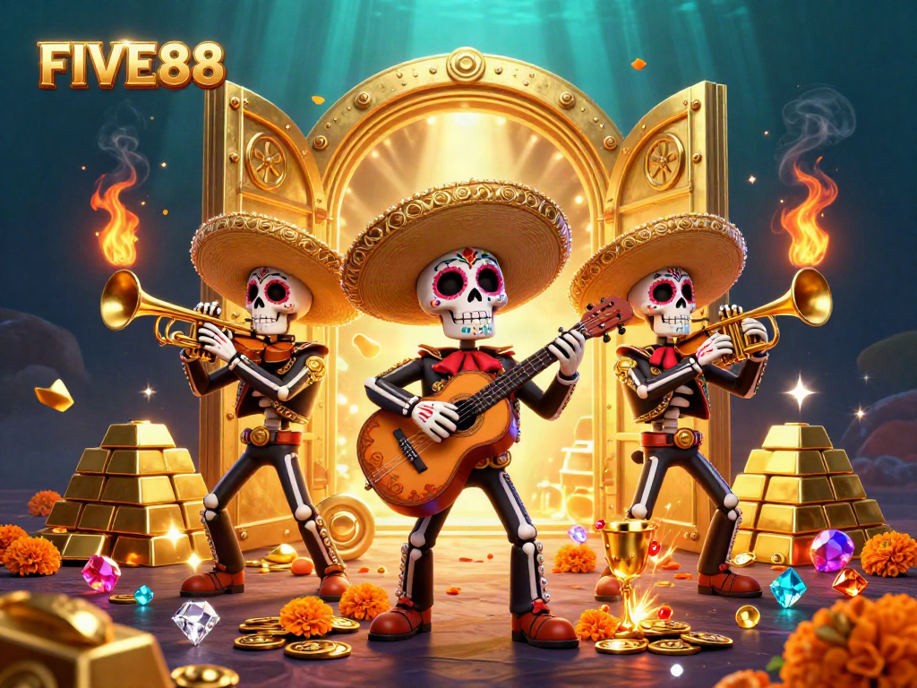 Experience the excitement of FIVE88 with a vibrant 3D mariachi scene amidst gold and jewels.