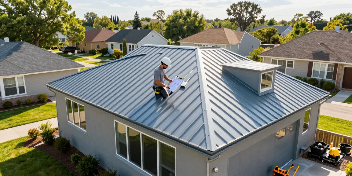 Detailed metal roofing case studies with installation process shown in a sunny residential setting.
