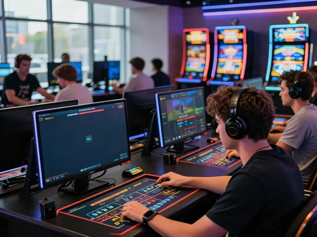 Man88 gaming scene depicting players engaged in live sports betting and slot machines in a vibrant virtual casino.