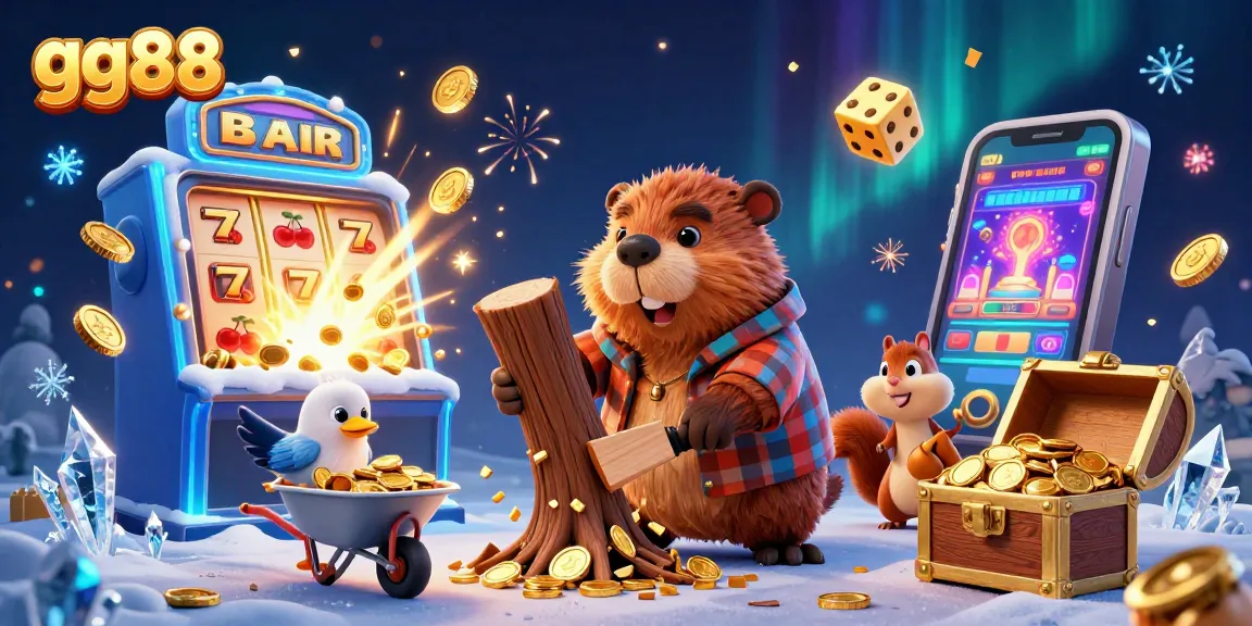 Win big with gg88 as cartoon characters celebrate with coins and a slot machine explosion.