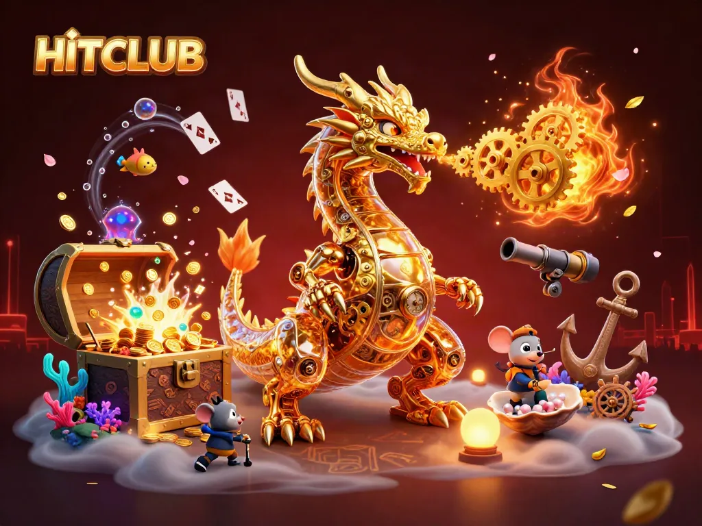 HITCLUB showcases a golden dragon and treasure in a dynamic casino-themed illustration.