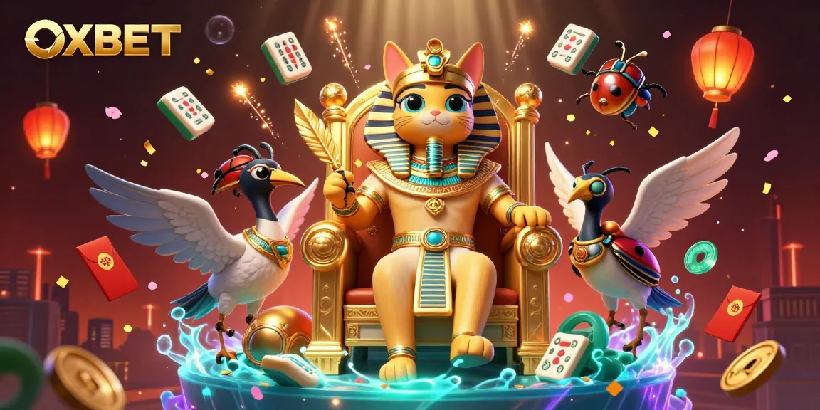 Experience the dynamic allure of OXBET with a vibrant 3D gambling scene featuring an Egyptian cat and shimmering elements.