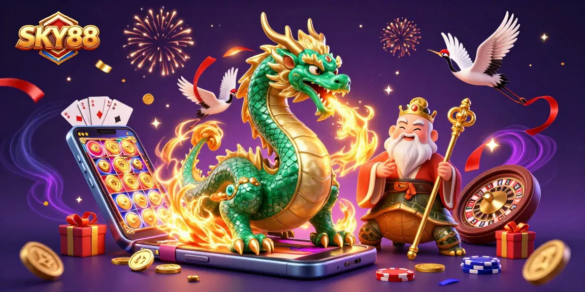 Engage in thrilling action with SKY88's vibrant casino illustration showcasing slot games and mystical characters.