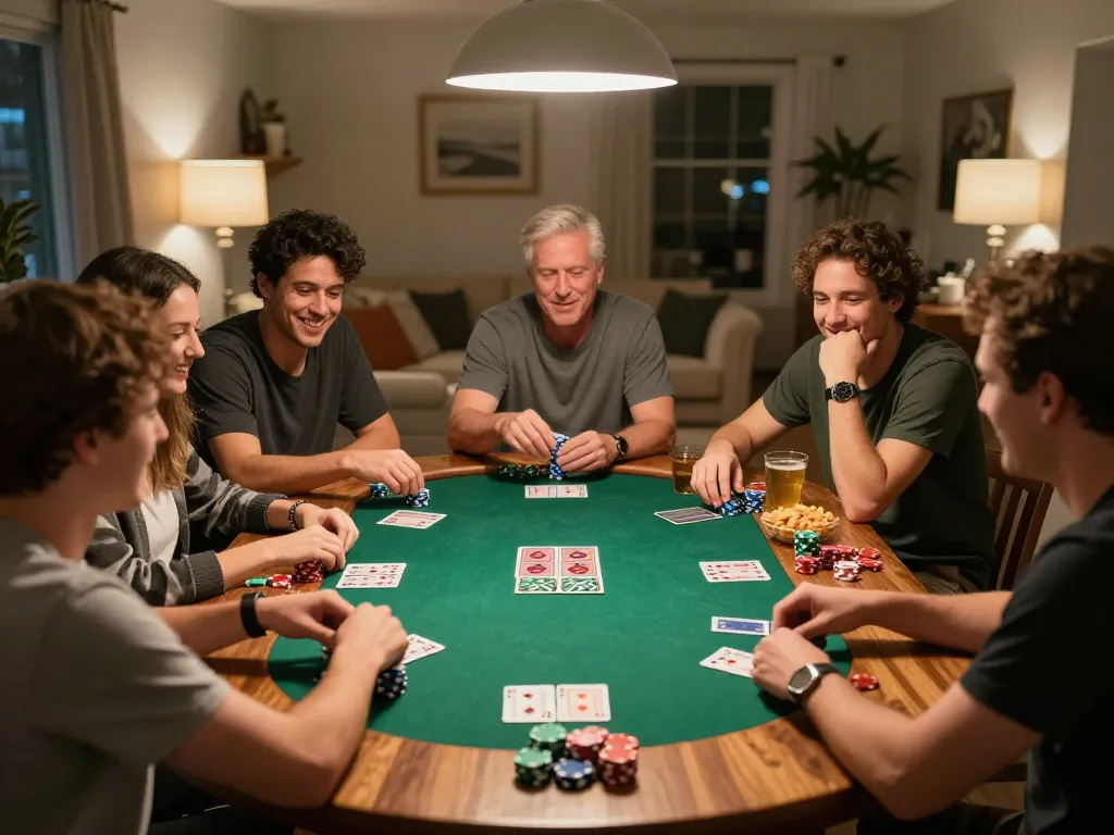 Players engage in an exciting home poker game at new88blog, showcasing chips and cards in friendly competition.