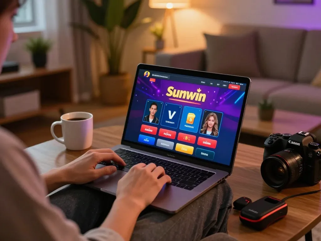 Engaging player using Sunwin app for online casino gaming on laptop in cozy living room.