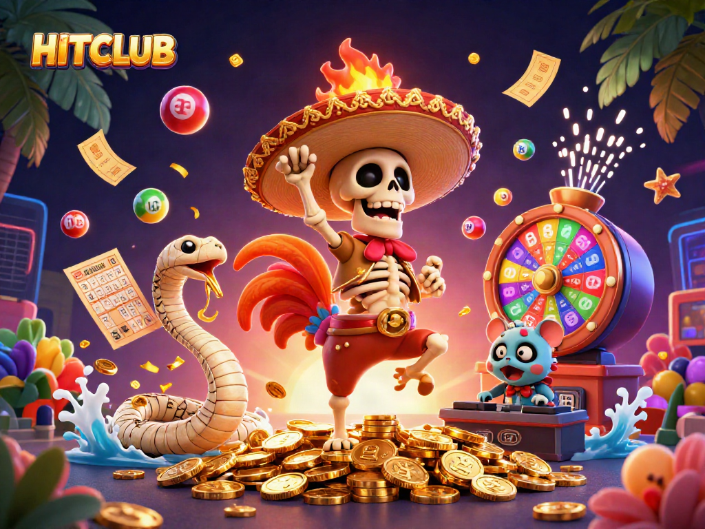 Enter the exciting world of HITCLUB casino with a vibrant illustration showcasing a lively scene of winnings and games.