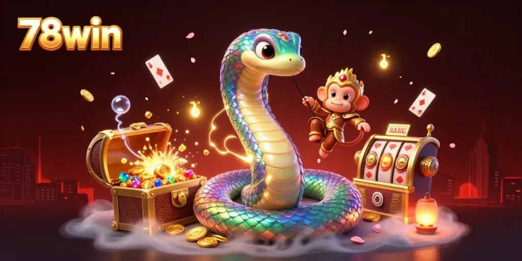 Engage with the vibrant 78win adventure through a playful 3D scene filled with gold coins and gaming excitement.