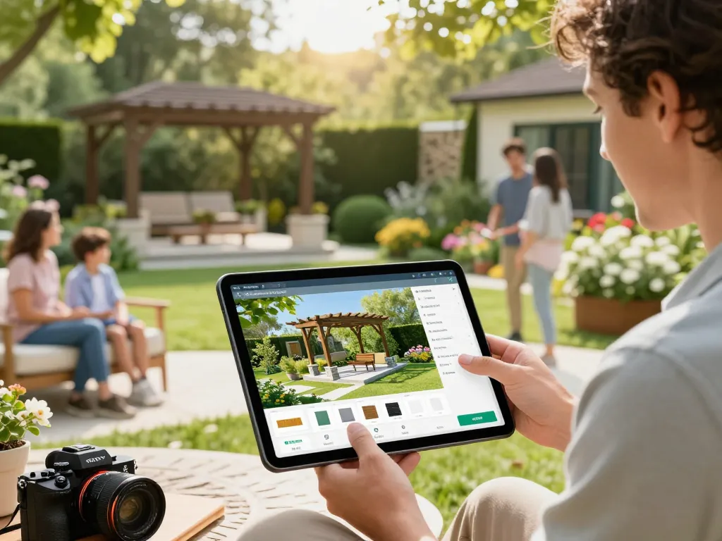 Engaging customer using Pergola Configurator Software to visualize custom designs in a beautiful garden.