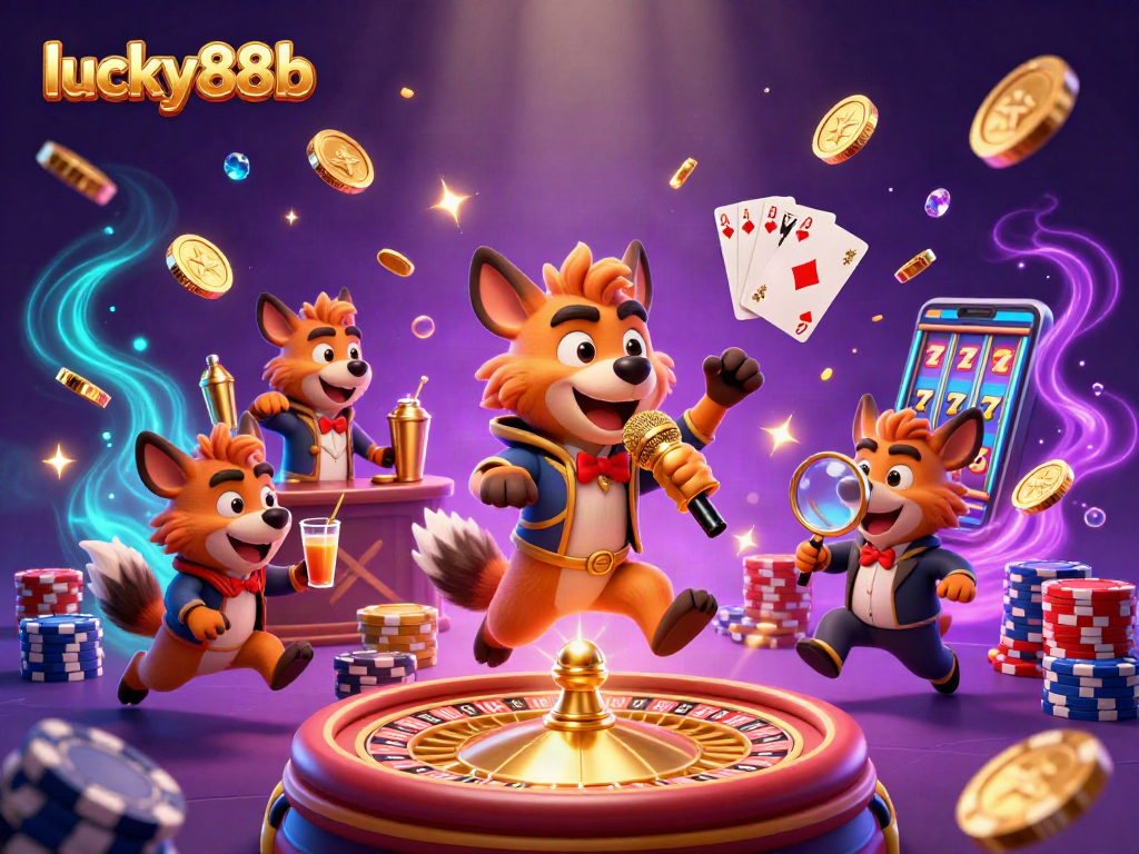 Experience the lively comedy scene at lucky88b casino with hyenas and vibrant casino elements.