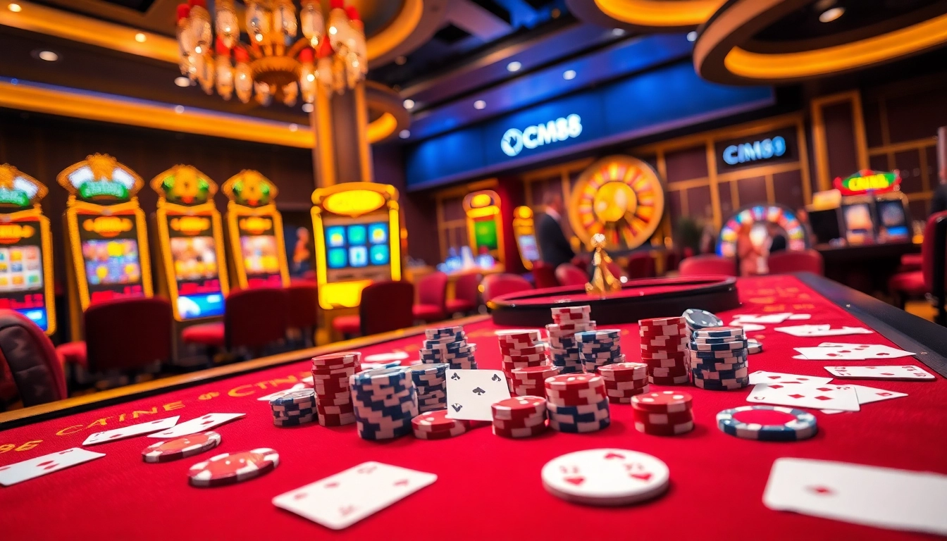 Players enjoying CM88 games at a vibrant casino table filled with excitement.