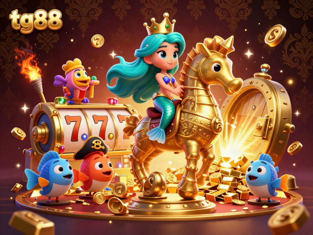 Experience thrilling games at tg88 with a mermaid princess, golden treasures, and vibrant slot reels.