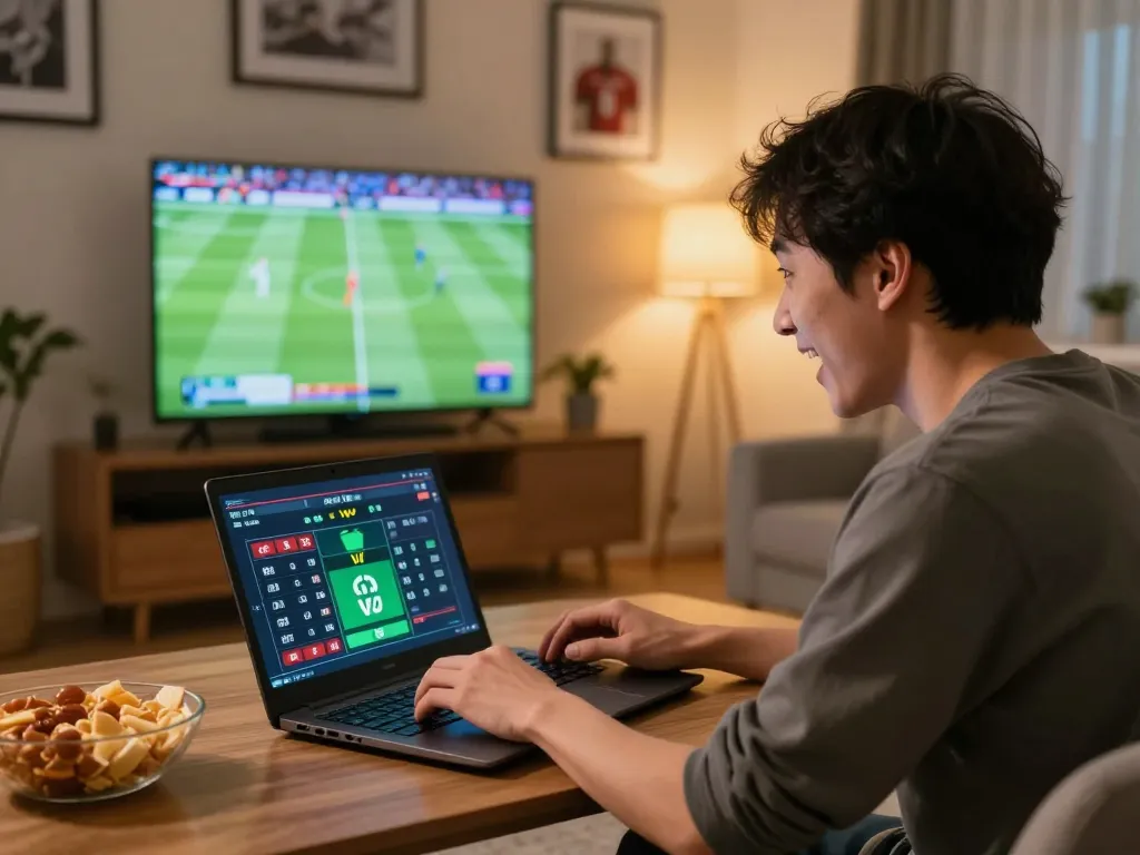 Excited player engages with cà khịa tv betting session, monitoring live match for better odds.
