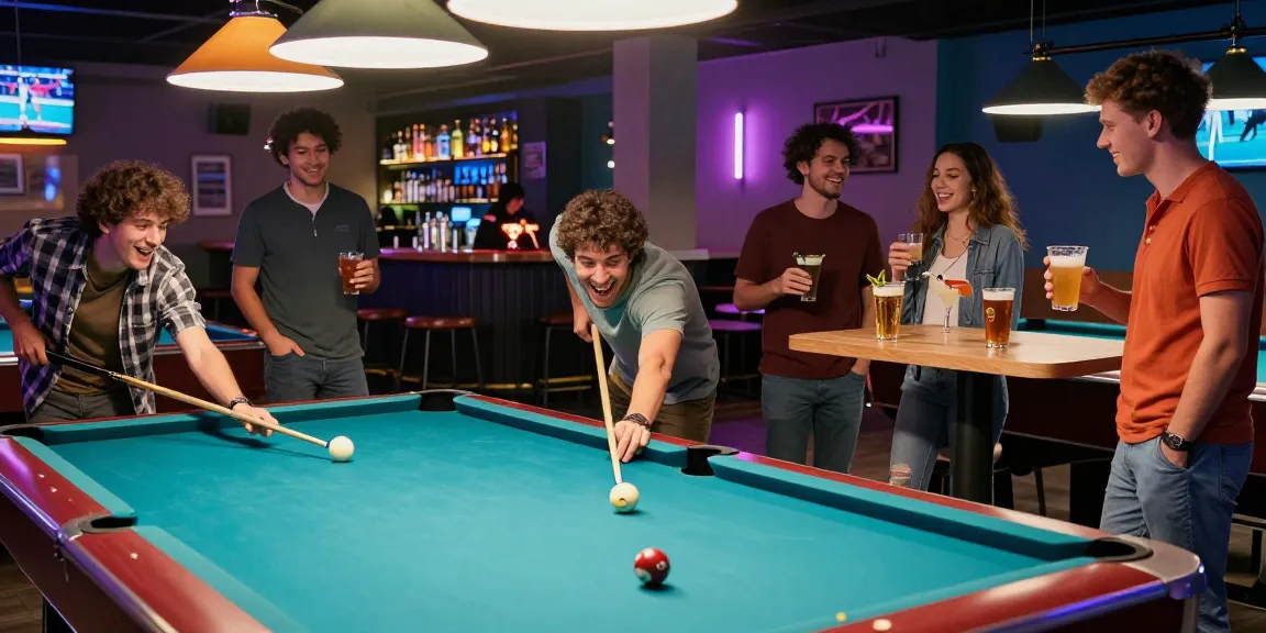 Pool hall Mississauga scene with friends playing billiards, vibrant atmosphere and colorful drinks.