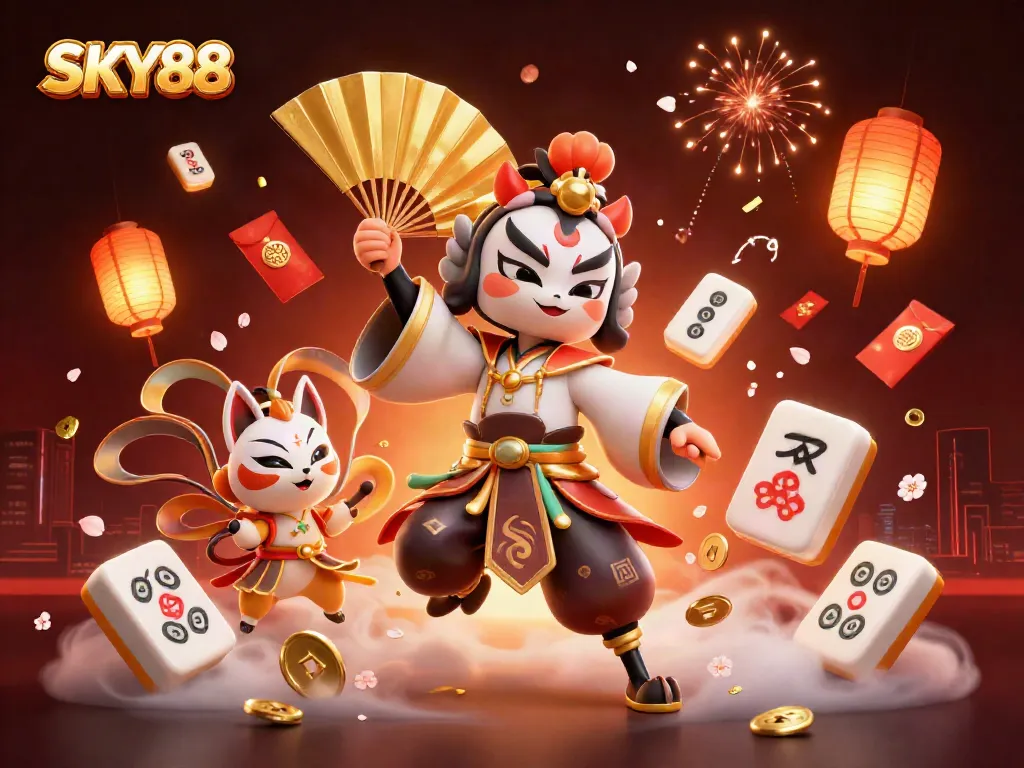 Play slots and win big with SKY88 in this vibrant casino-themed 3D illustration.