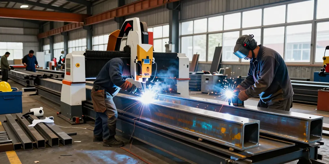 Commercial steel company technicians expertly fabricating steel components in a vibrant workshop.