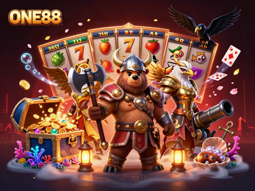 Immerse in the thrilling adventure of ONE88 with vibrant slots and 3D action in this casino-themed illustration.
