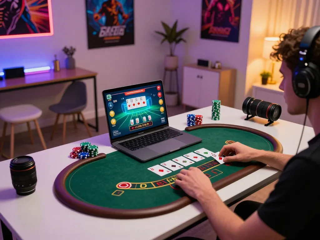 Player enjoying a thrilling blackjack game on 78win's online platform, showcasing colorful graphics and strategic gameplay.