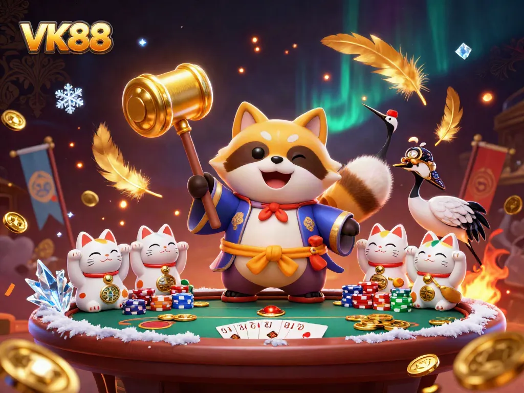 Play exciting games at VK88 casino with dynamic poker elements and cheerful tanuki characters.