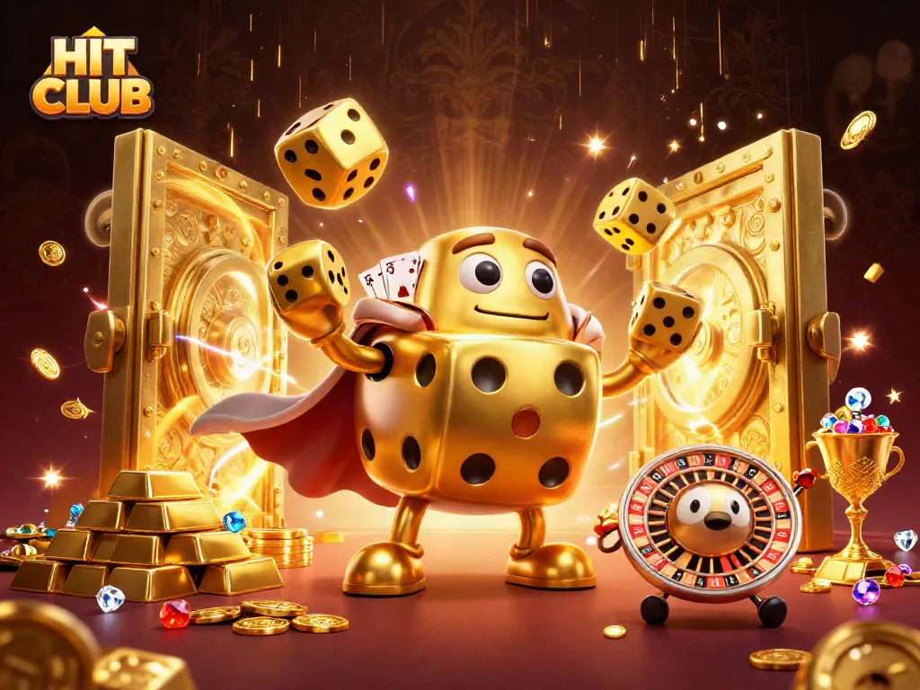 Experience the excitement of HIT CLUB with dynamic golden dice and casino elements in a vibrant 3D scene.